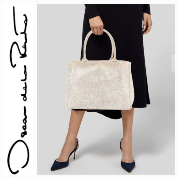 Oscar de la Renta Handbags - OSCAR DE LA RENTA Ivory & Beige Floral Canvas Tote Bag